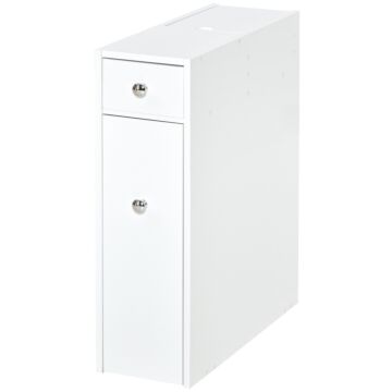 Homcom Bathroom Slim Floor Cabinet Narrow Wooden Storage Home Bath Toilet Cupboard Organiser Unit With Drawers White