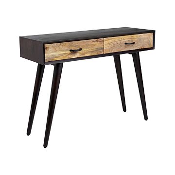 Console Table Dark Wood Mango Wood With 2 Drawers Sideboard Black Legs Beliani