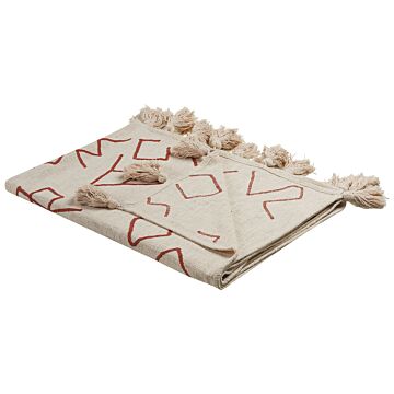 Blanket Beige With Red Cotton 130 X 180 Cm Handmade Embrioidery Bed Throw Cosy Floral Pattern With Tassels Beliani