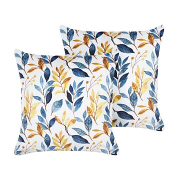 Set Of 2 Decorative Cushion Yellow And Blue Velvet 45 X 45 Cm Leaf Pattern Boho Decor Accessories Beliani