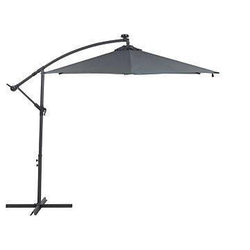 Garden Cantilever Parasol Grey Polyester Shade With Led Light Ø 285 Cm Aluminium Pole Crank Mechanism Outdoor Umbrella Beliani
