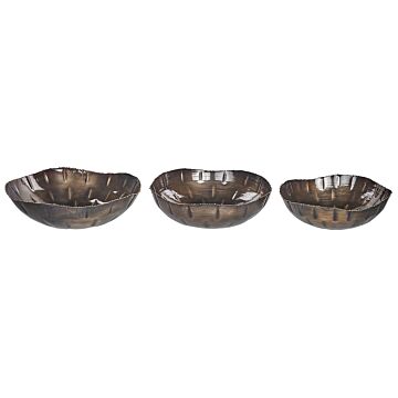 Set Of 3 Decorative Bowls Brass Metal Distressed Finish Round Accent Bowl Design Beliani