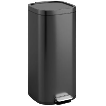 Homcom 30l Kitchen Bin, Compact Pedal Bin With Soft-close And Stay-open Lid, Removable Bucket For Kitchen, Home, Office, Black