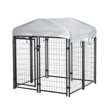Pawhut Outdoor Dog Kennel, Dog Run With Uv-resistant Canopy & Lockable Design, Metal Playpen Fence For Small And Medium Dogs, 120 X 120 X 138 Cm