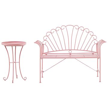 Outdoor Bench Set Pink Metal 2 Seater Flared Armrests With Table Vintage Style Beliani