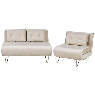 Living Room Set Beige Velvet Single And 2 Seater Sofa Bed With Cushions Metal Hairpin Legs Glamour Beliani