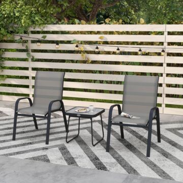 Outsunny 3 Pieces Outdoor Bistro Set, Patio Stackable Armchairs With Breathable Mesh Fabric And Spc Board Coffee Table, Light Grey