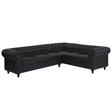 Chesterfield Left Hand Corner Sofa Black Faux Leather Upholstery Dark Wood Legs Chaise 6 Seater Contemporary Beliani