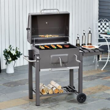 Outsunny Charcoal Grill Bbq Trolley Backyard Garden Smoker Barbecue W/ Shelf Side Table Wheels Built-in Thermometer