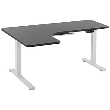 Left Corner Desk Black Tabletop 160 X 110 Cm Electric Height Adjustable White Steel Frame Sit And Stand Modern Design Beliani