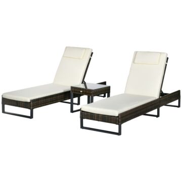 Outsunny Three-piece Reclining Lounger Set, With Glass-top Table - Cream