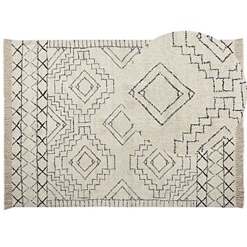Area Rug Cotton Beige And Black Aztec Pattern 140 X 200 Cm Low Pile Modern Vintage Beliani