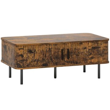 Homcom Coffee Table With Storage, Living Room Table With Slatted Tambour Sliding Doors And Foot Pads, Rectangular Coffee Table With Elevated Base For Living Room, Rustic Brown