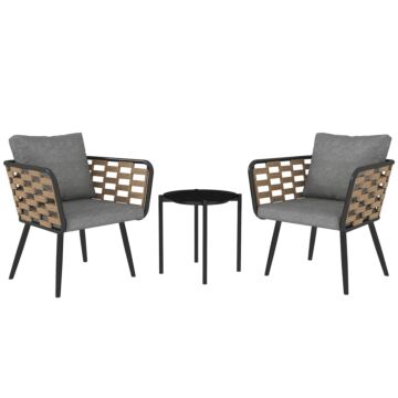 Outsunny 3 Pieces Rattan Bistro Set With Washable Seat And Back Cushions, Glass Top Coffee Table, For Outdoor, Patio, Black