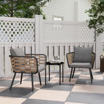Outsunny 3 Pieces Rattan Bistro Set With Washable Seat And Back Cushions, Glass Top Coffee Table, For Outdoor, Patio, Black