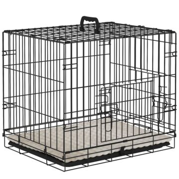 Pawhut Dog Crate With 2 Doors With Tray, Soft Cushion, Foldable Metal Dog Cage For Extra Small Dogs, 60 X 40 X 50, Black