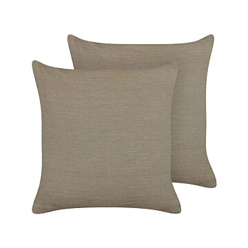 Set Of 2 Decorative Cushions Taupe Linen 45 X 45 Cm Solid Colour Home Decoration Beliani