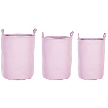Set Of 3 Storage Basket Pink Polyester Cotton With Drawstring Cover Laundry Bin Practical Accessories Beliani