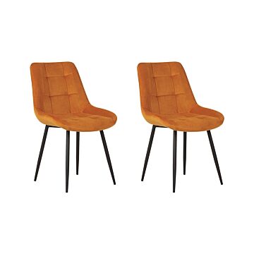 Set Of 2 Dining Chairs Orange Velvet Black Steel Legs Modern Upholstered Chairs Beliani