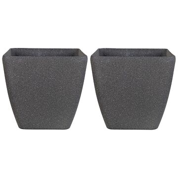 Set Of 2 Plant Pot Planters Uv Resistant Solid Stone Mixture Polyresin Square Dark Grey 49 X 49 Cm Beliani