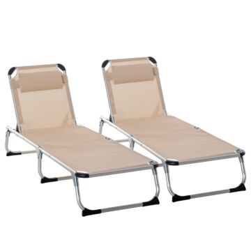 Outsunny 2 Pieces Foldable Sun Lounger With Pillow, 5-level Adjustable Reclining Lounge Chair, Aluminium Frame Camping Bed Cot, Khaki