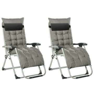 Outsunny 2 Piece Reclining Zero Gravity Chair Folding Garden Sun Lounger With Cushion Headrest Dark Grey