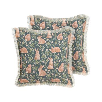 Set Of 2 Scatter Cushions Green Cotton Polyester 45 X 45 Cm Animal Prints Square With Insert Easter Decorations Throw Pillows Beliani