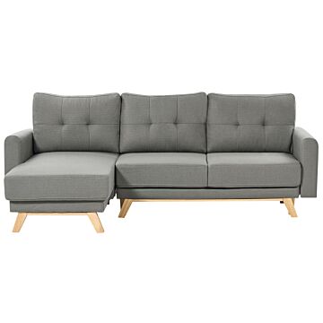 Right Corner Sofa Grey Fabric Upholstered With Sleeper Function Pull Out Cushioned Back Wooden Legs Beliani