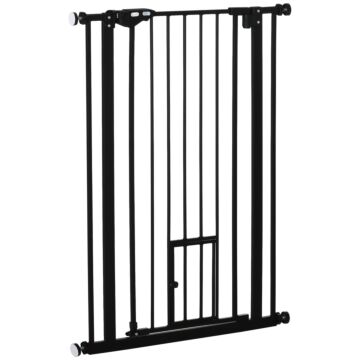Pawhut Extra Tall Dog Gate With Cat Door, Pet Safety Gate For Doorways Stairs With Auto Close Double Locking, 104 Cm Tall 74-80 Cm Wide, Black