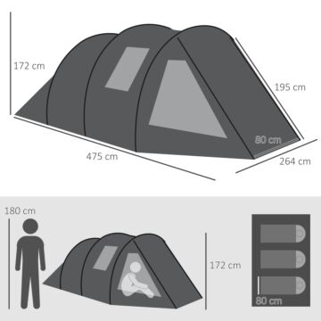 Outsunny 3-4 Man Tunnel Tent, Two Room Camping Tent With Windows And Covers, Portable Carry Bag, For Fishing, Hiking, Sports, Festivals - Black