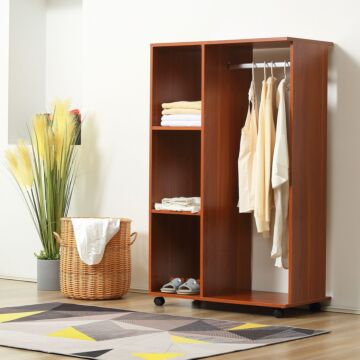 Homcom Open Wardrobe With Hanging Rail And Storage Shelves W/wheels Bedroom-walnut