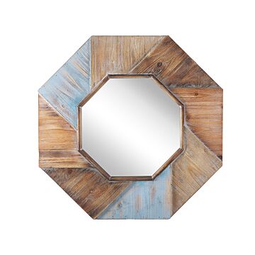 Wall Mirror Dark Wood With Blue Octagonal Solid Wood Frame 77 X 77 Cm Handmade Decorative Rustic Beliani