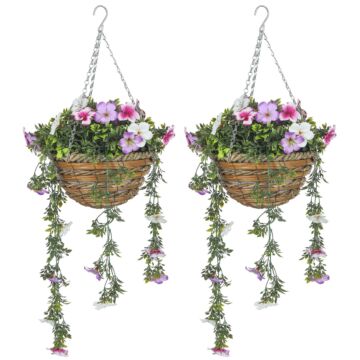 Homcom Set Of 2 Decorative Artificial Plants, Faux Silk Azalea Flowers In Hanging Baskets, Fake Plants For Home Indoor Outdoor Decor, Pink And White