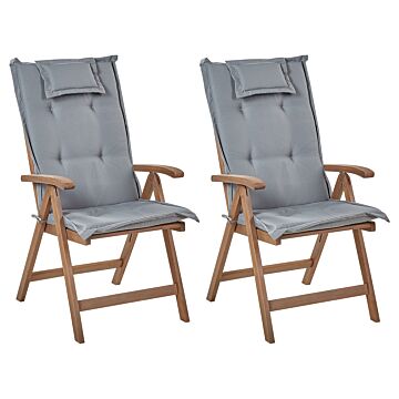 Set Of 2 Garden Chair Dark Acacia Wood Natural With Grey Cushions Adjustable Foldable Outdoor With Armrests Country Rustic Style Beliani