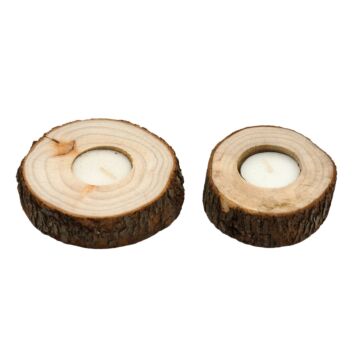 Set Of Two Wooden Tealight Holders With Bark Detail
