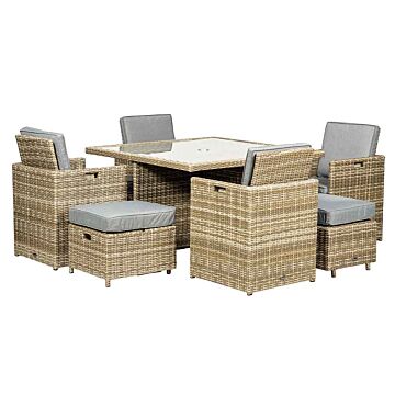 Wentworth 8 Seater Cube Set 
125x125cm Square Table With Parasol Hole, 4 Cube Chairs With Folding Backrest & 4 Integral Stools Including Cushions