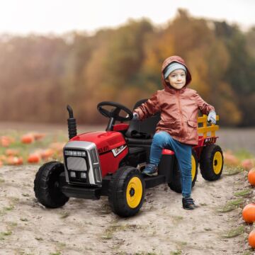 Homcom Electric Ride On Tractor With Detachable Trailer, 12v Kids Battery Powered Electric Car W/ Remote Control, Music Start Up Sound
