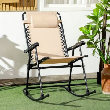 Outsunny Folding Rocking Chair Outdoor Portable Zero Gravity Chair W/ Headrest Beige