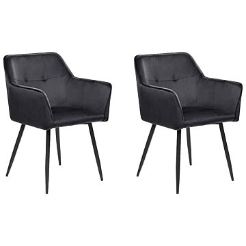 Set Of 2 Dining Chairs Black Velvet Upholstered Seat With Armrests Black Metal Legs Beliani