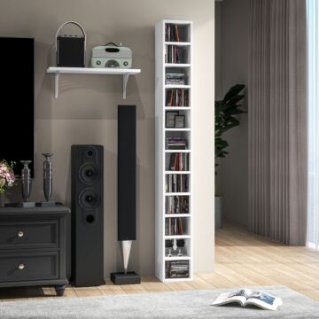 Homcom 204 Cd Storage Unit, Dvd Storage Tower With 12 Cubes, 175cm Tall Bookcase, Study Room, White