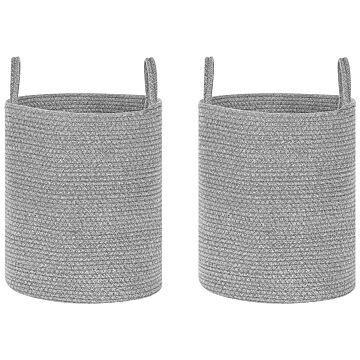 Set Of 2 Storage Baskets Grey Cotton Handmade With Handles Solid Colour Laundry Hamper Fabric Bin Beliani