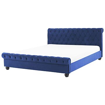 Bed Frame Blue Velvet Upholstery Black Wooden Legs Super King Size 6ft Buttoned Glam Beliani