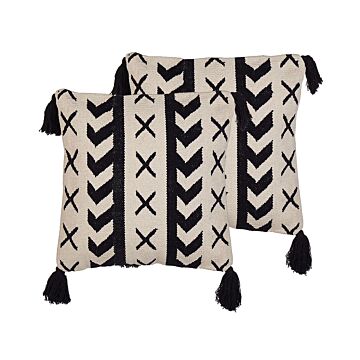 Set Of 2 Scatter Cushions Beige And Black Cotton 45 X 45 Cm Geometric Pattern Tassels Handwoven Removable Covers Beliani