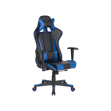 Gaming Chair Black Faux Leather With Blue Reclining Adjustable Armrests Height Lumbar Support Headrest Cushion Office Chair Beliani