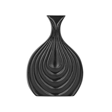 Decorative Table Vase Black Porcelain Carved Surface Irregular Shape 25 Cm Beliani