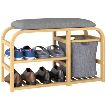 Homcom Bamboo Shoe Rack Bench With Padded Seat - Nature Wood Finish