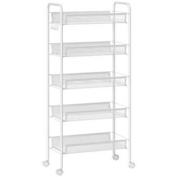 Homcom Five-steel Mesh Basket Storage Trolley, With Wheels - White