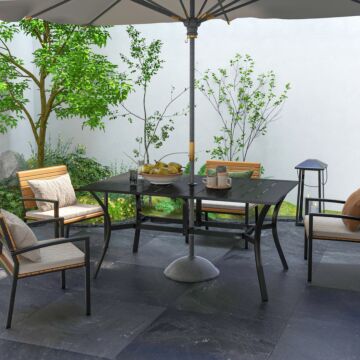 Outsunny Rectangle Garden Dining Table With Parasol Hole, Patio Table With Steel Frame And Slat Tabletop, 150cm X 90cm, Black