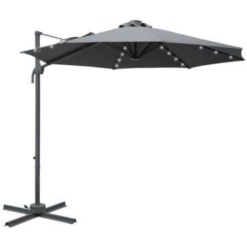 Outsunny 3(m) Square Outdoor Umbrella Patio Sun Umbrella With Crank & Tilt Led Solar Light Cross Base 360° Rotating Outdoor, Dark Grey