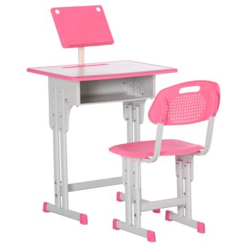 Homcom Kids Desk And Chair Set, Height Adjustable Study Table Set With Storage Drawer, Book Stand, Cup Holder, Pen Slot, Pink